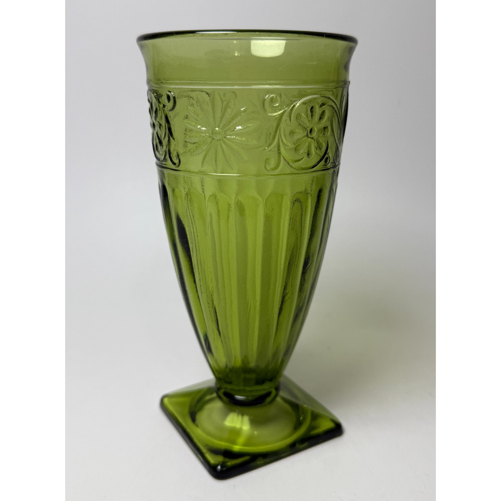 Vintage Indiana Glass Daisy Green Avocado 12oz Footed Tumbler Drinkware 1960s